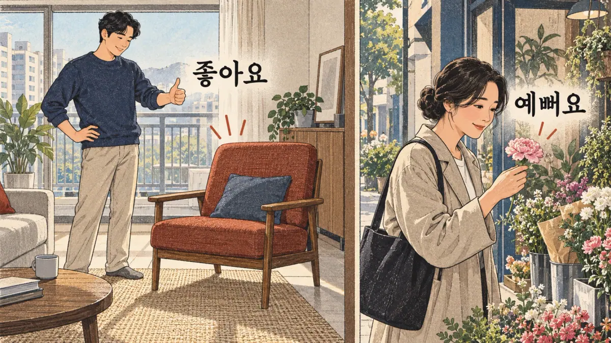 Drawings with Korean labels: 좋아요 / 예뻐요