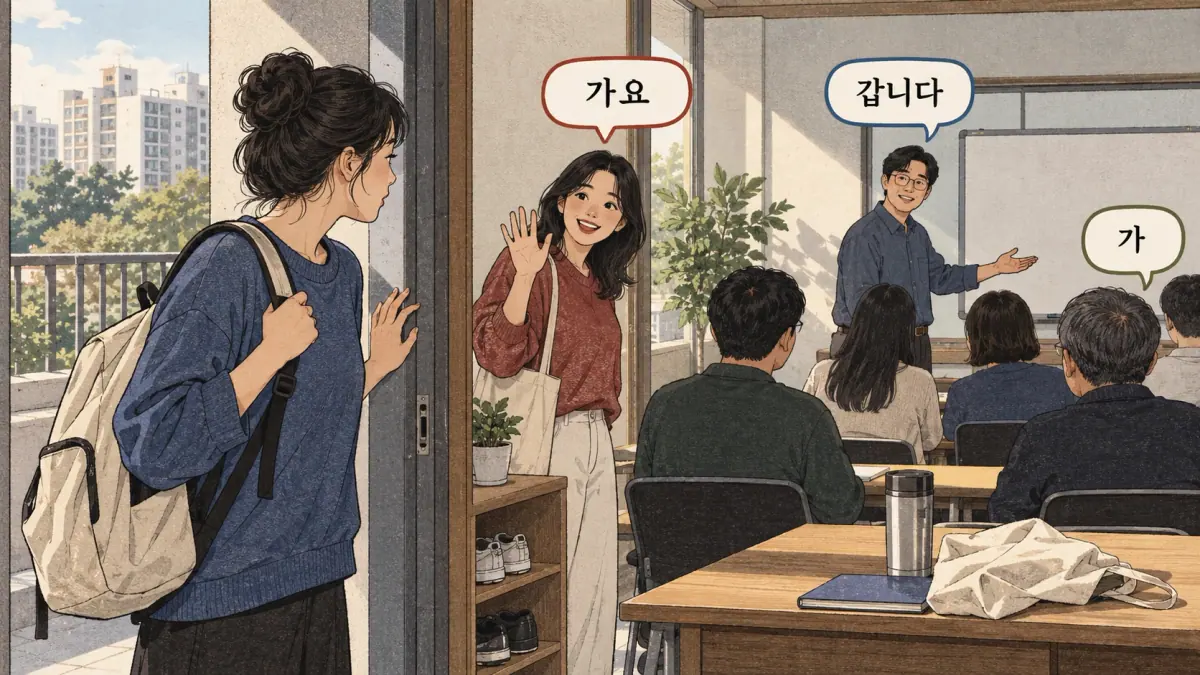 Drawings with Korean labels: 가요 / 갑니다 / 가