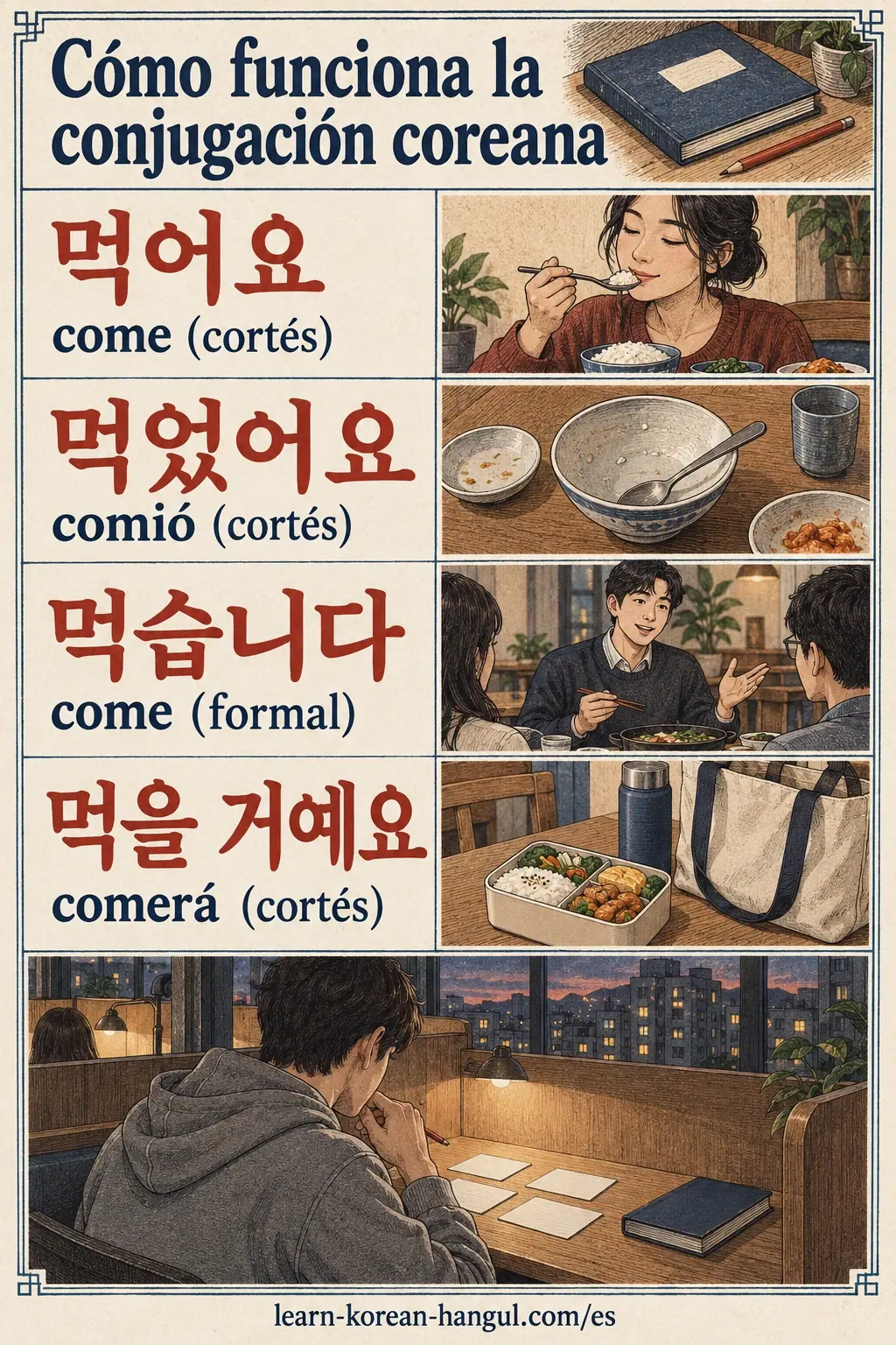 Dibujos con etiquetas coreanas: 먹어요 / 먹었어요 / 먹습니다 / 먹을 거예요