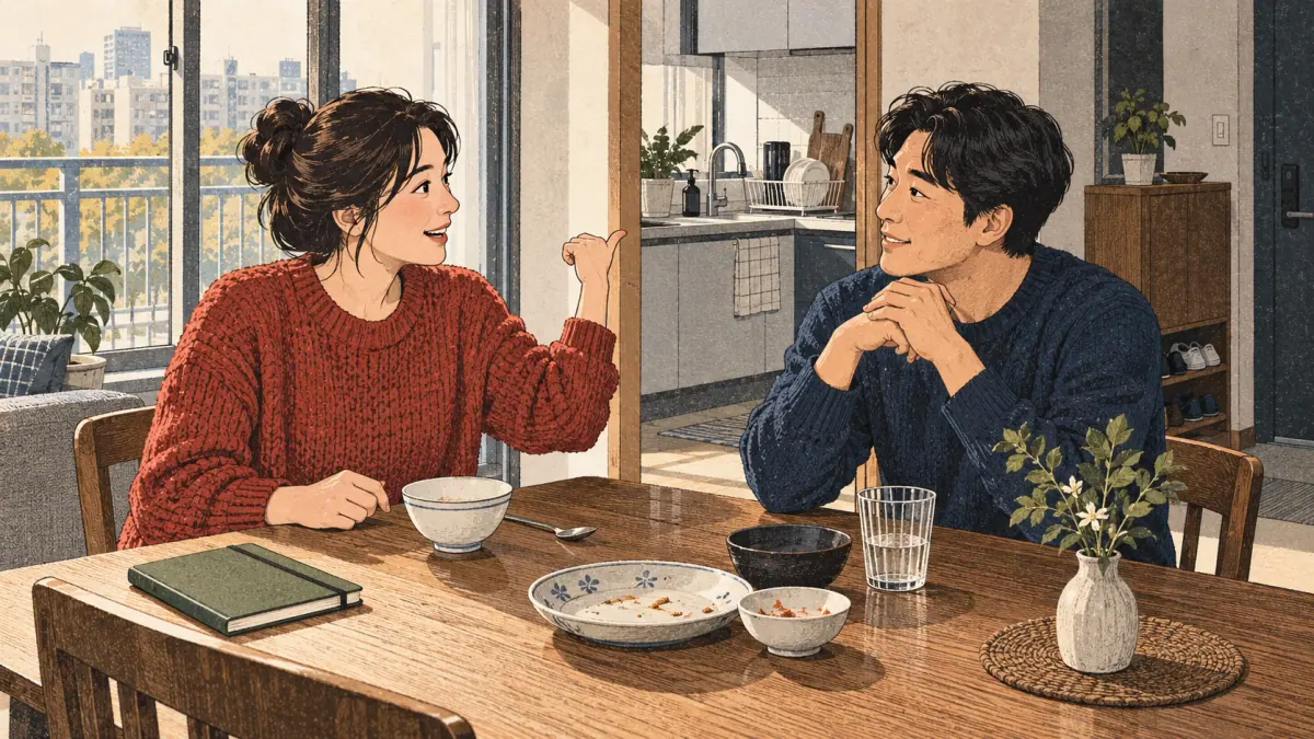 Adults practise Korean through everyday actions in a contemporary Seoul setting.