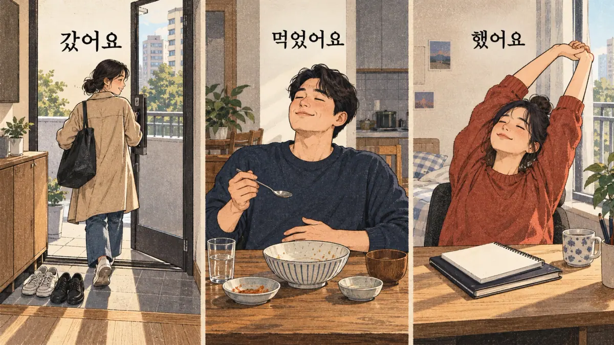 Drawings with Korean labels: 갔어요 / 먹었어요 / 했어요