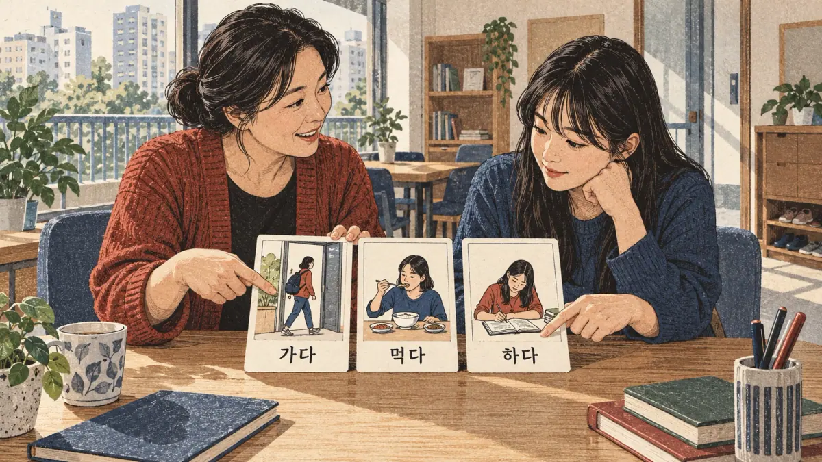 Drawings with Korean labels: 가다 / 먹다 / 하다