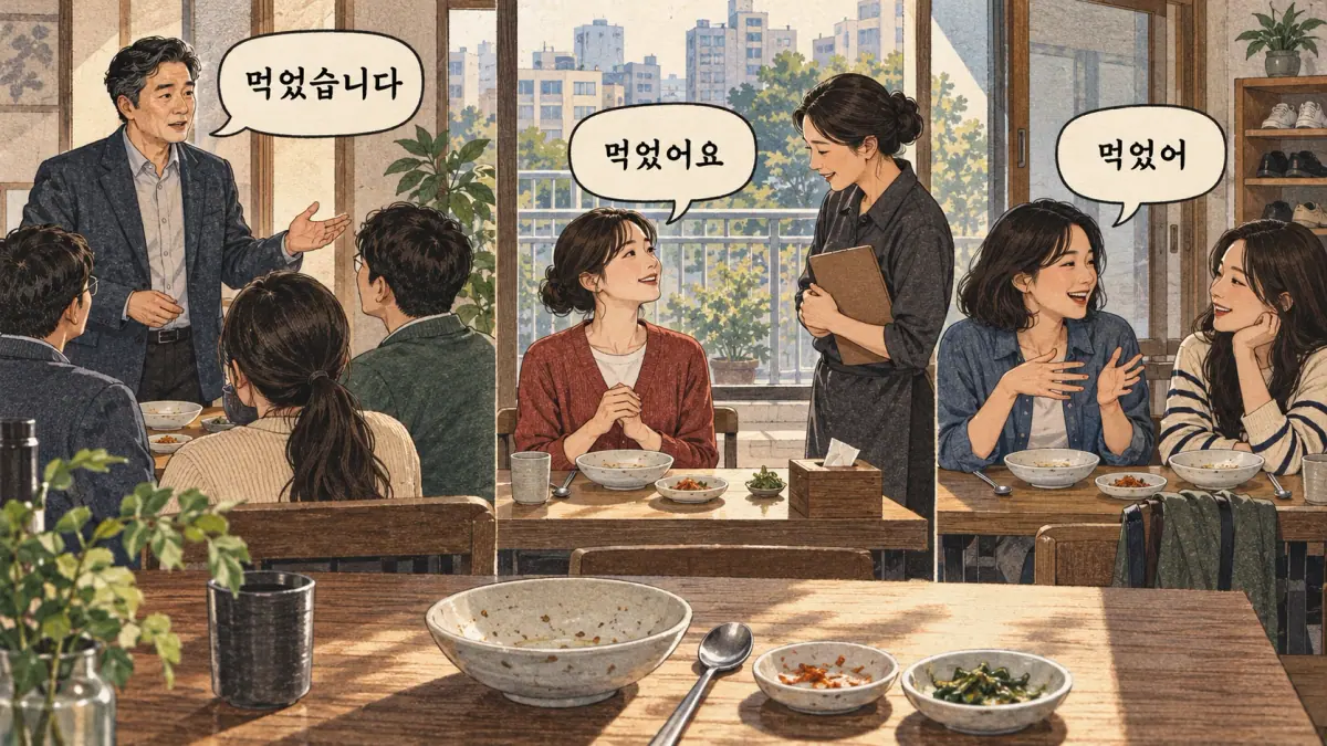 Drawings with Korean labels: 먹었습니다 / 먹었어요 / 먹었어