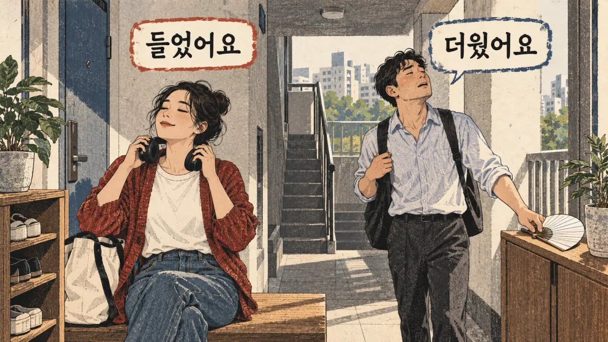Drawings with Korean labels: 들었어요 / 더웠어요