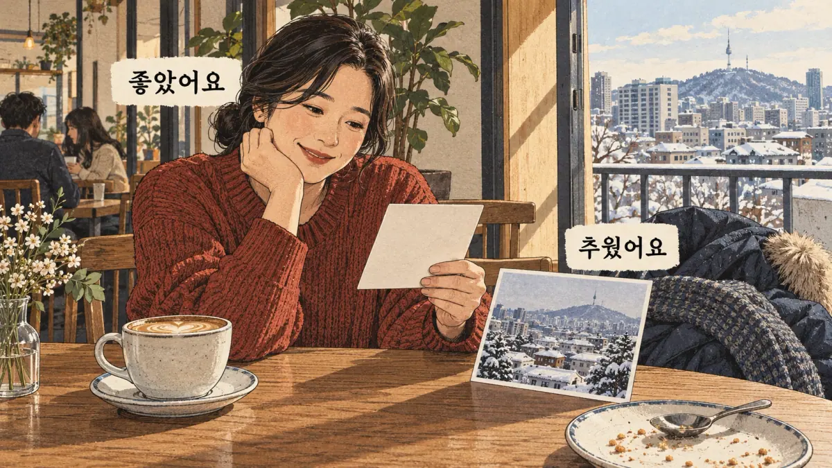 Drawings with Korean labels: 좋았어요 / 추웠어요