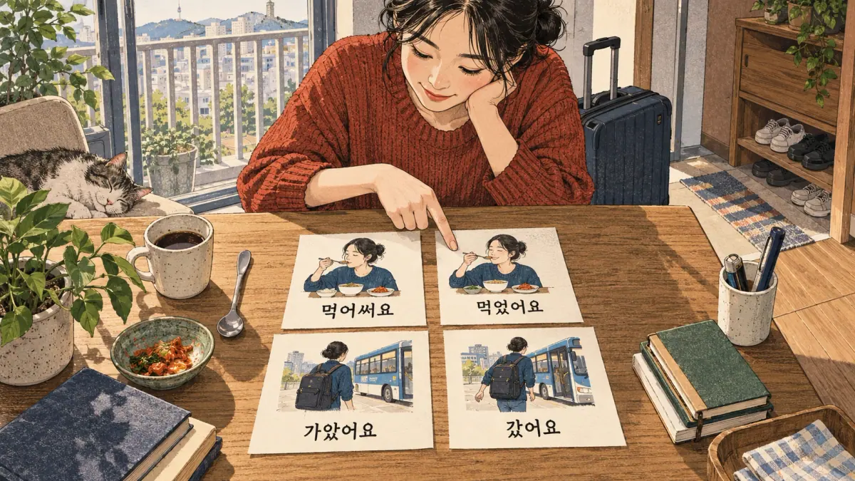 Drawings with Korean labels: 먹어써요 / 먹었어요 / 가았어요 / 갔어요