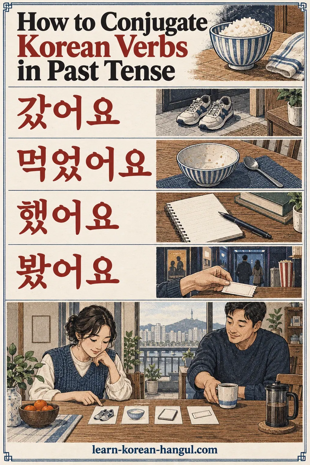 Drawings with Korean labels: 갔어요 / 먹었어요 / 했어요 / 봤어요