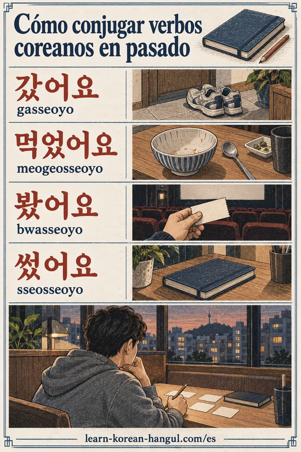 Dibujos con etiquetas coreanas: 갔어요 / 먹었어요 / 봤어요 / 썼어요 / meogeosseoyo