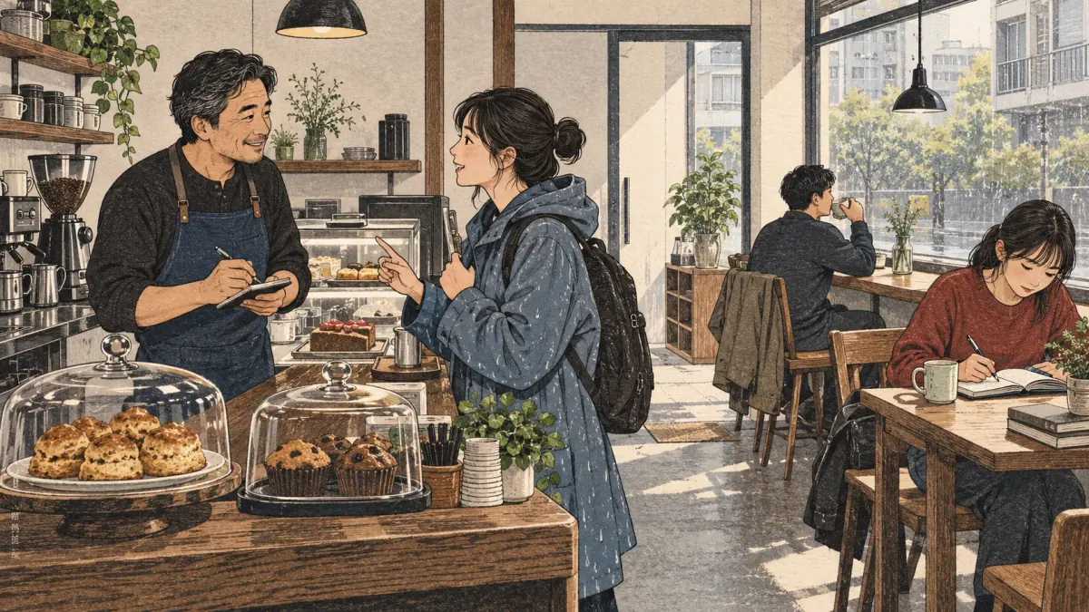 Adults practise Korean through everyday actions in a contemporary Seoul setting.