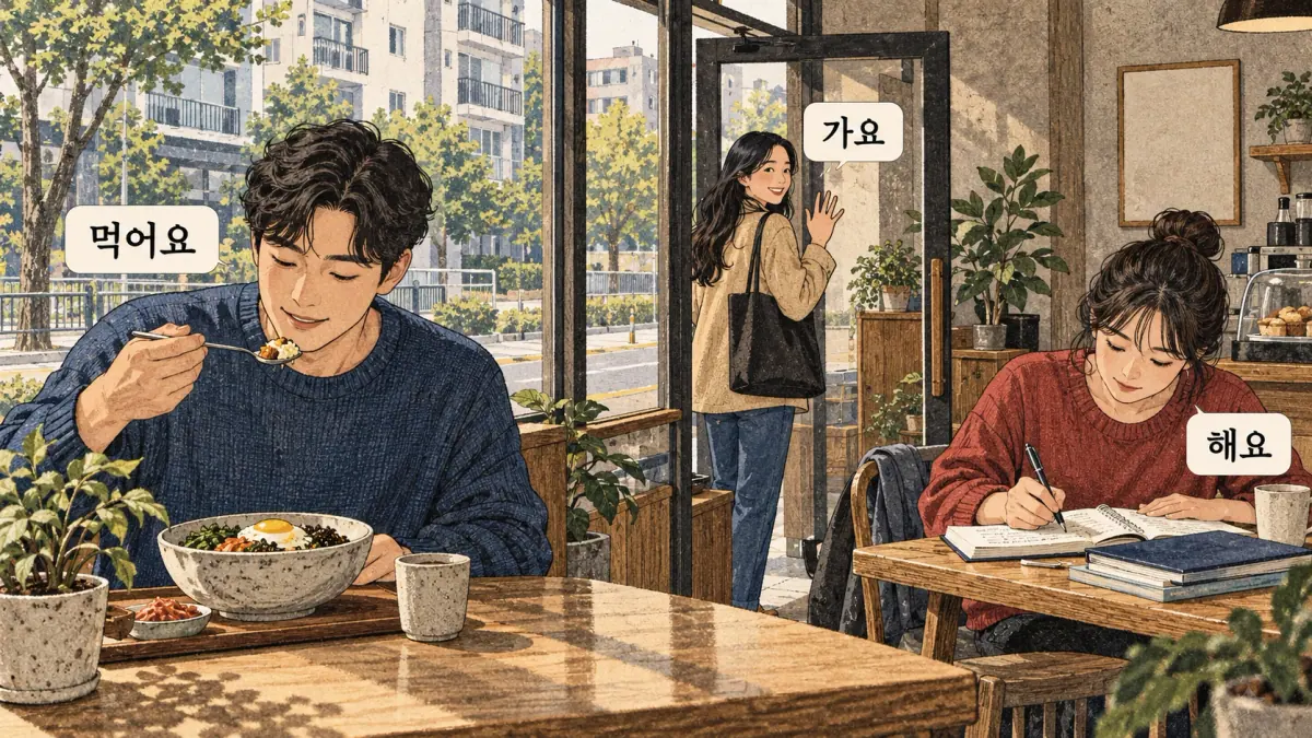 Drawings with Korean labels: 먹어요 / 가요 / 해요