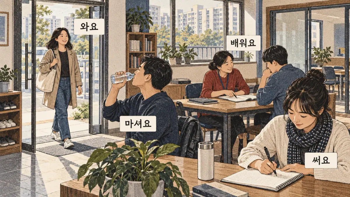 Drawings with Korean labels: 와요 / 배워요 / 마셔요 / 써요