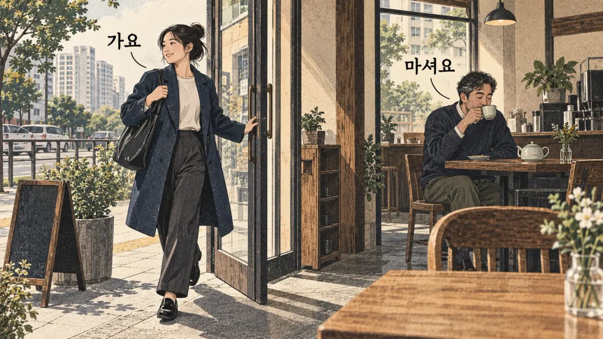 Drawings with Korean labels: 가요 / 마셔요