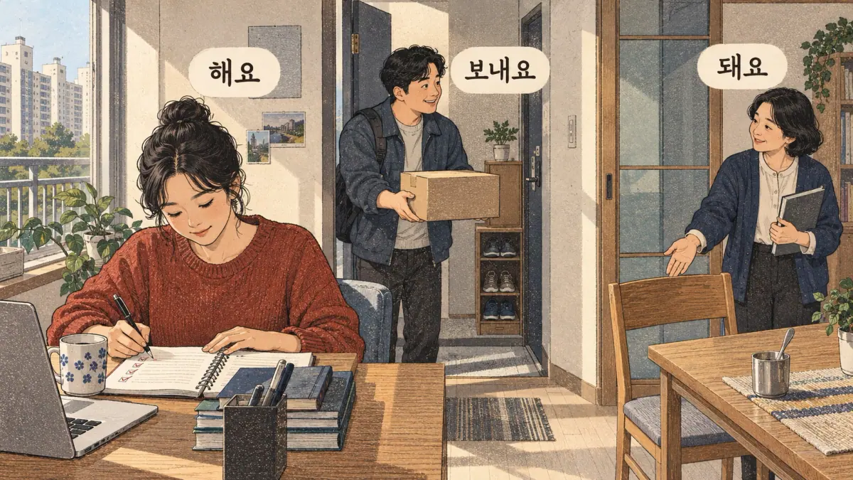 Drawings with Korean labels: 해요 / 보내요 / 돼요