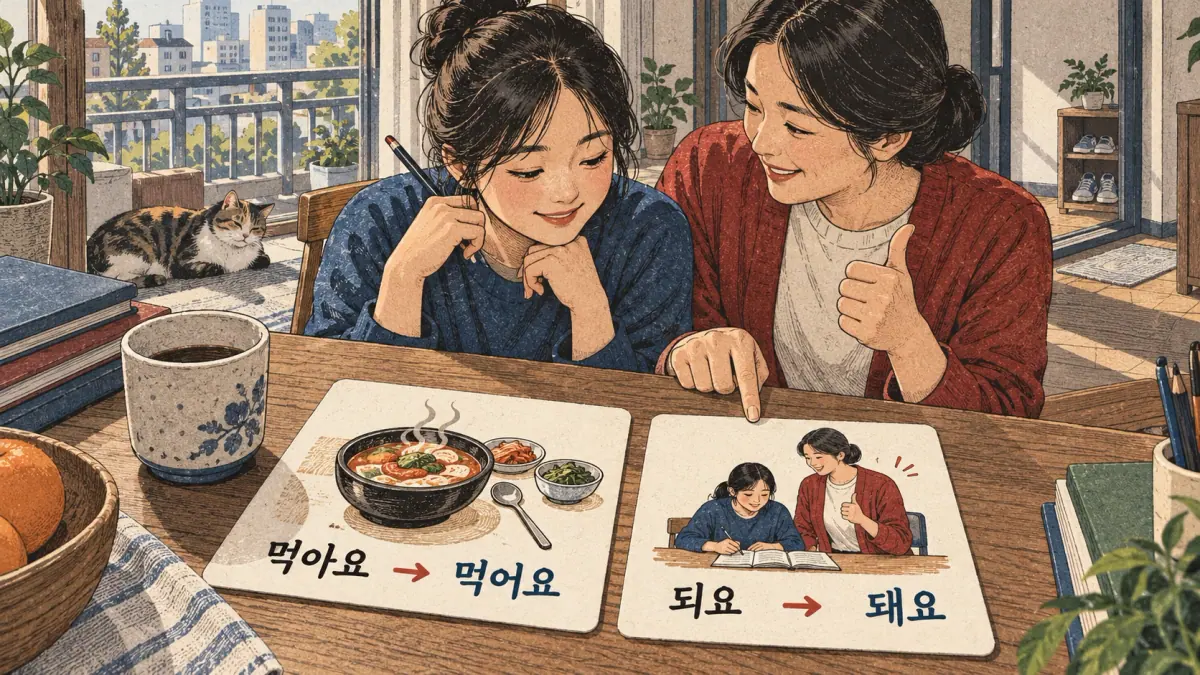 Drawings with Korean labels: 먹아요 / 먹어요 / 되요 / 돼요