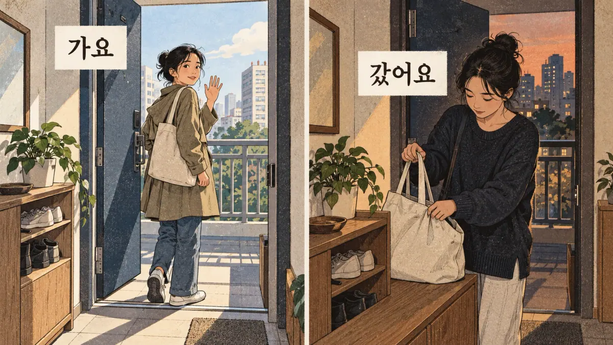 Drawings with Korean labels: 가요 / 갔어요