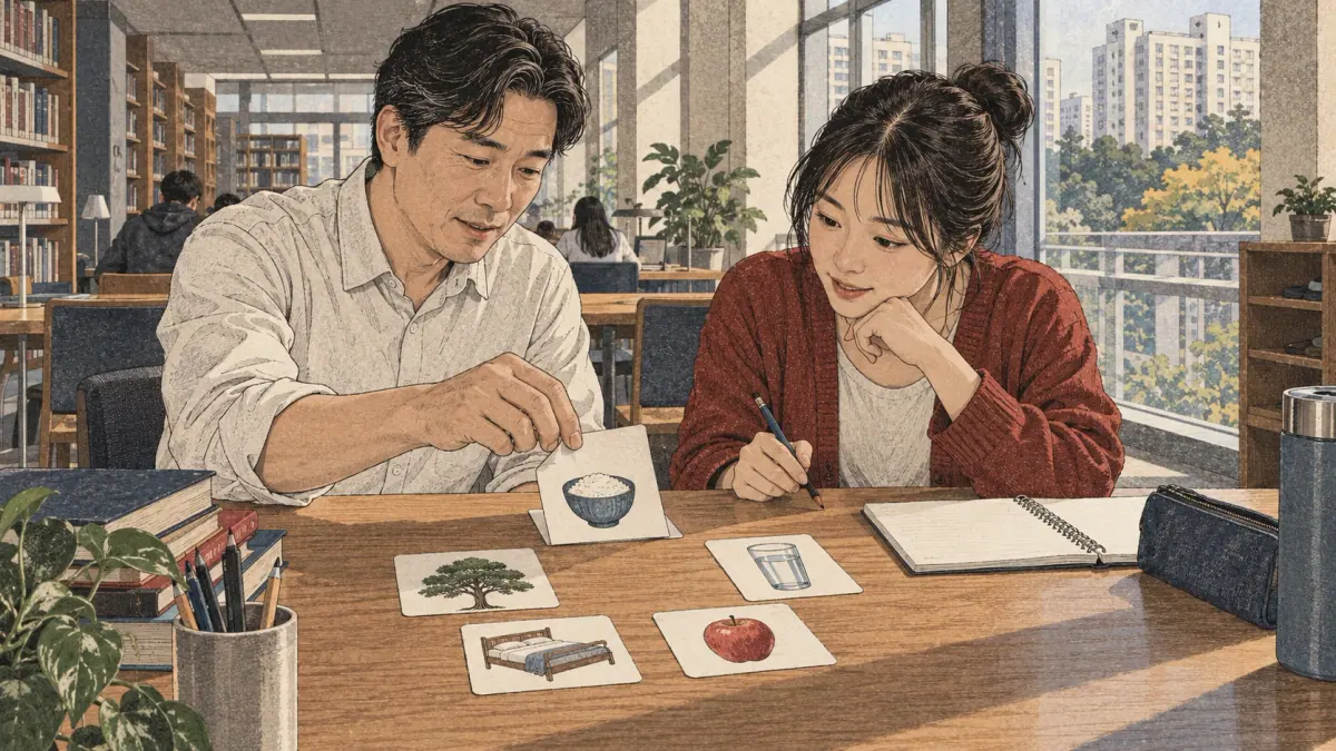 Adults practise Korean through everyday actions in a contemporary Seoul setting.