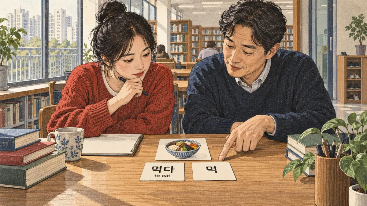Drawings with Korean labels: 먹다 / 먹