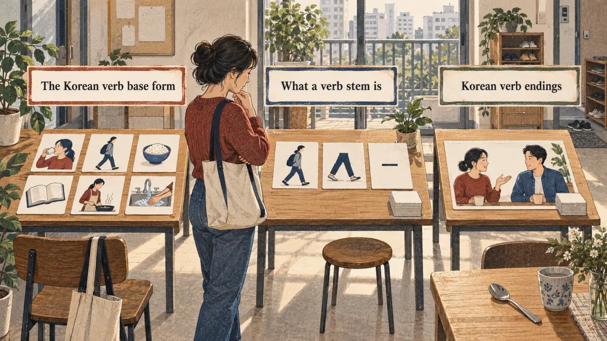 Adults practise Korean through everyday actions in a contemporary Seoul setting.