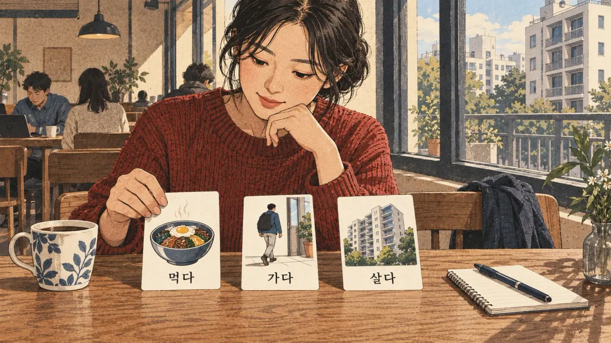 Drawings with Korean labels: 먹다 / 가다 / 살다