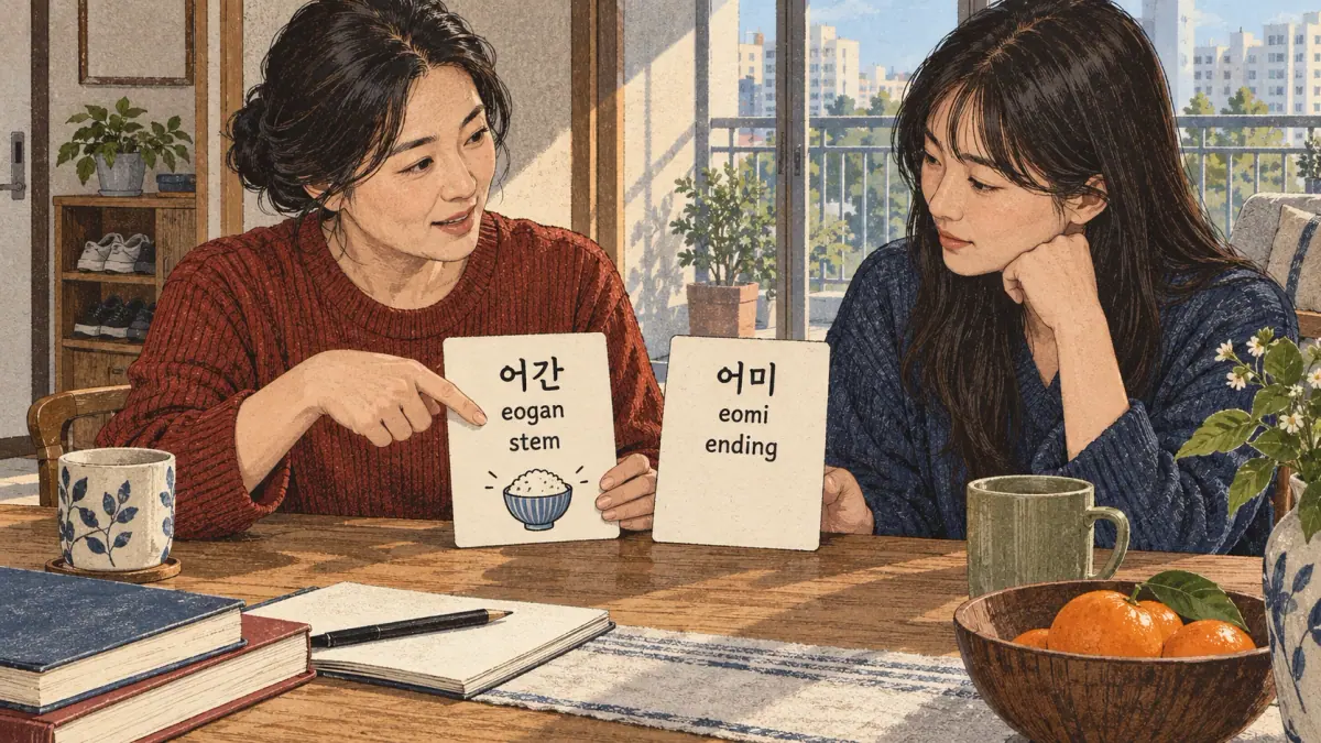 Drawings with Korean labels: 어간 / 어미 / eogan / eomi