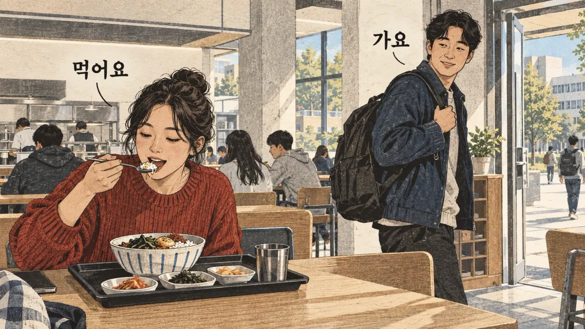Drawings with Korean labels: 먹어요 / 가요