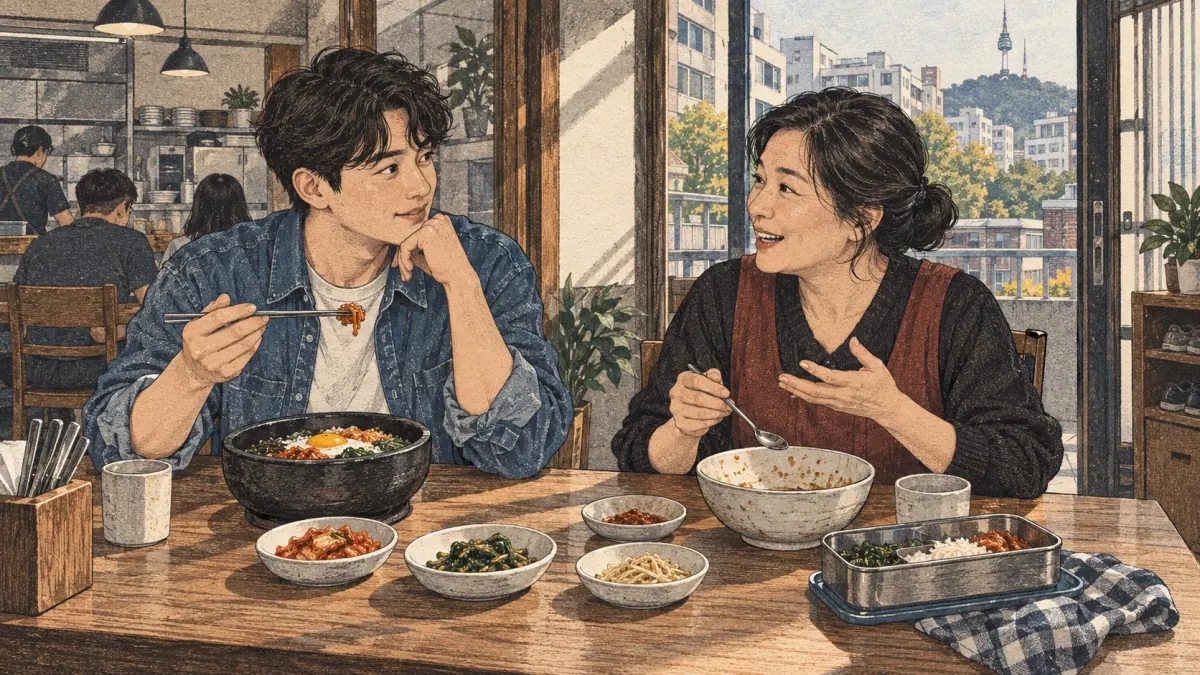 Adults practise Korean through everyday actions in a contemporary Seoul setting.