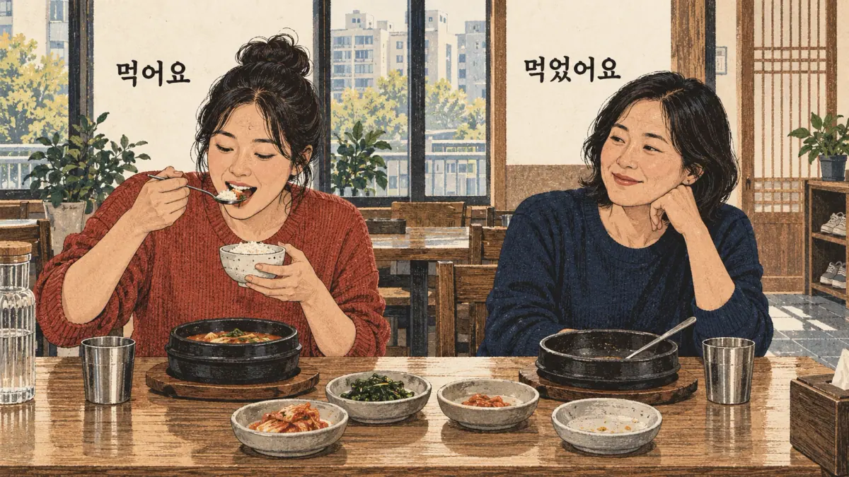 Drawings with Korean labels: 먹어요 / 먹었어요