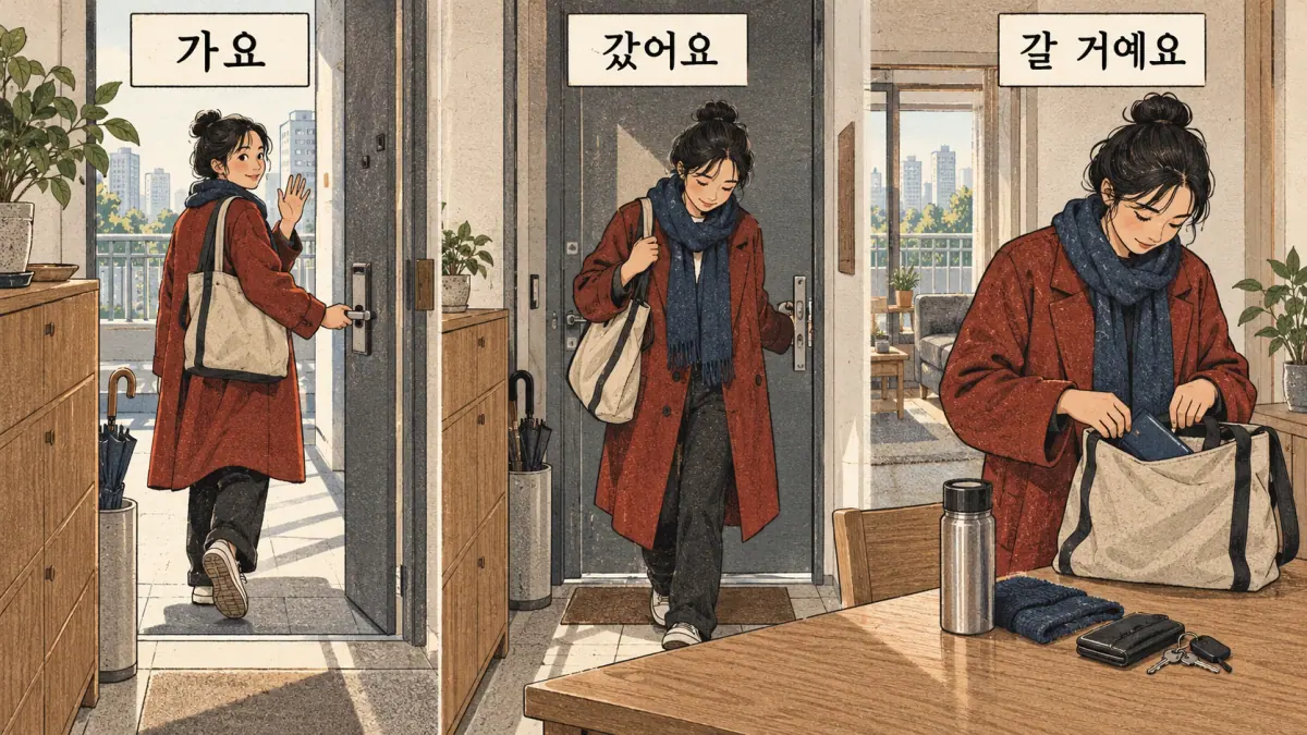Drawings with Korean labels: 가요 / 갔어요 / 갈 거예요