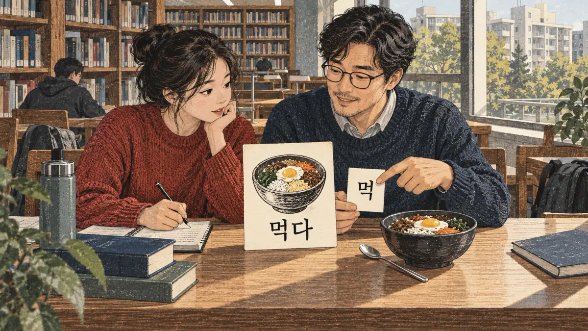 Drawings with Korean labels: 먹다 / 먹
