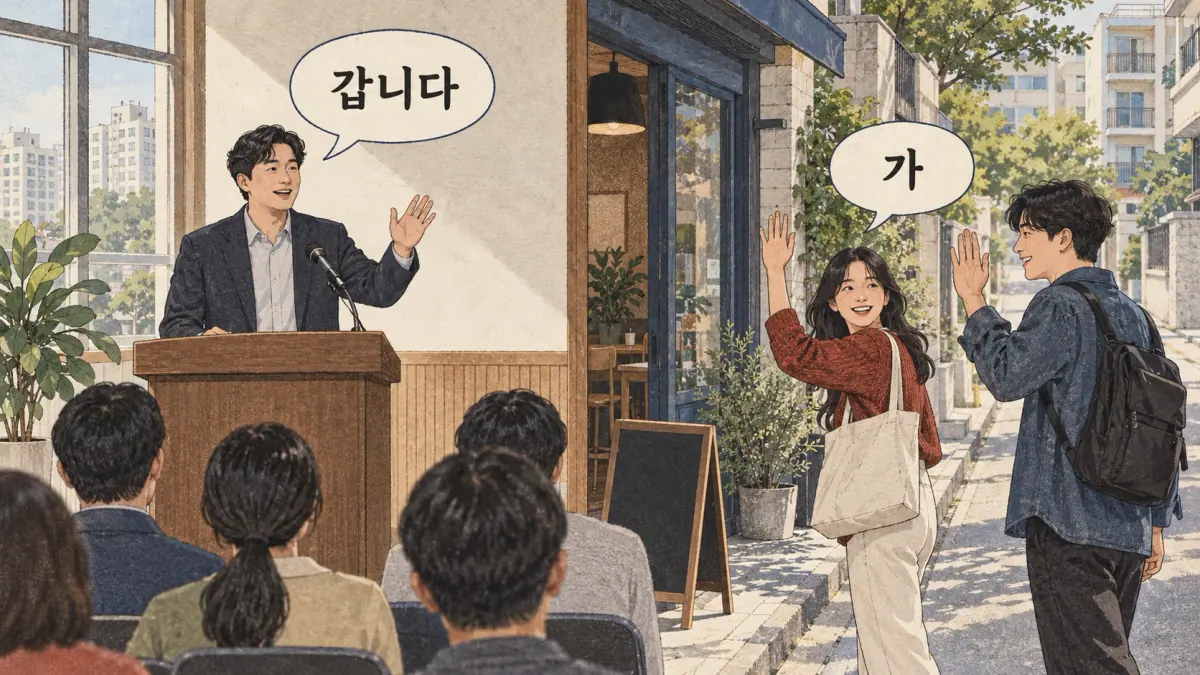 Drawings with Korean labels: 갑니다 / 가