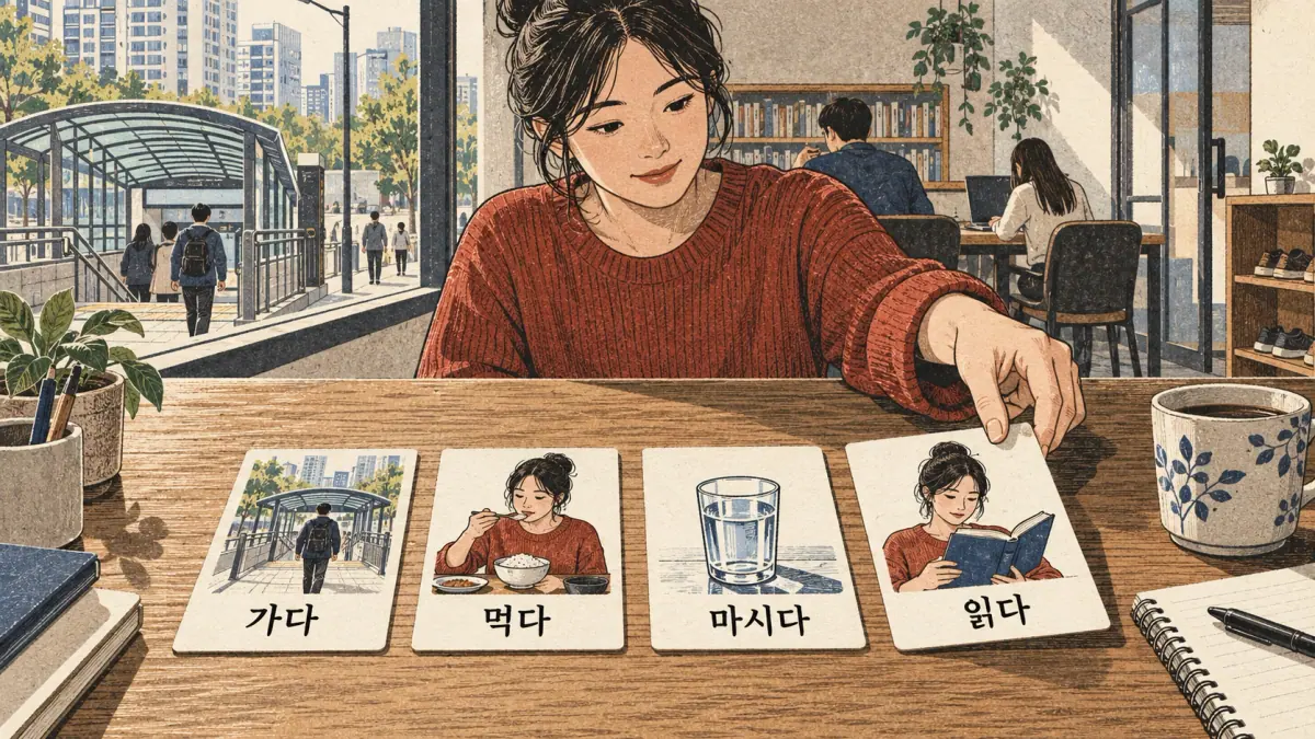 Drawings with Korean labels: 가다 / 먹다 / 마시다 / 읽다