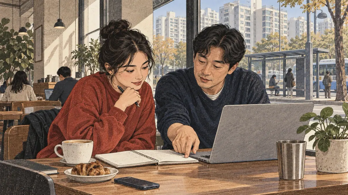 Adults practise Korean through everyday actions in a contemporary Seoul setting.