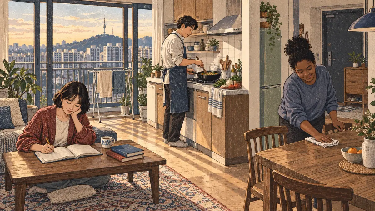 Adults studying, cooking and cleaning together in a Seoul apartment.