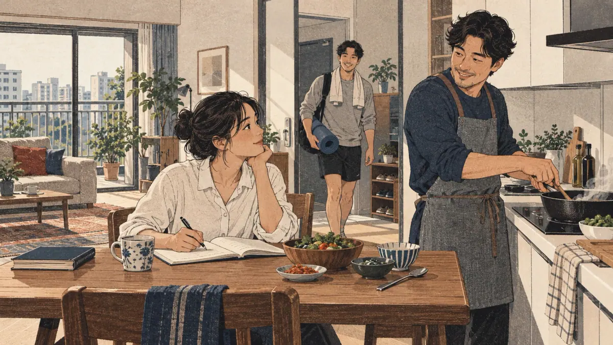 Personas adultas practican coreano con acciones cotidianas en Seúl.