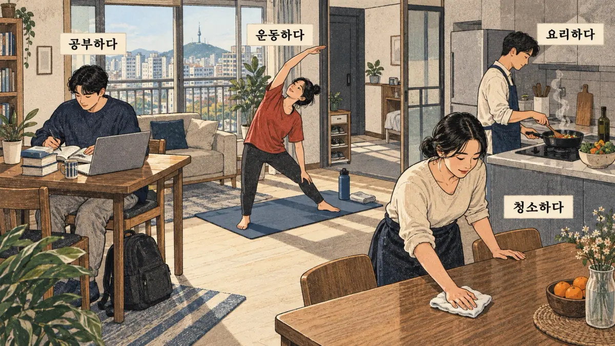 Dibujos con etiquetas coreanas: 공부하다 / 운동하다 / 요리하다 / 청소하다