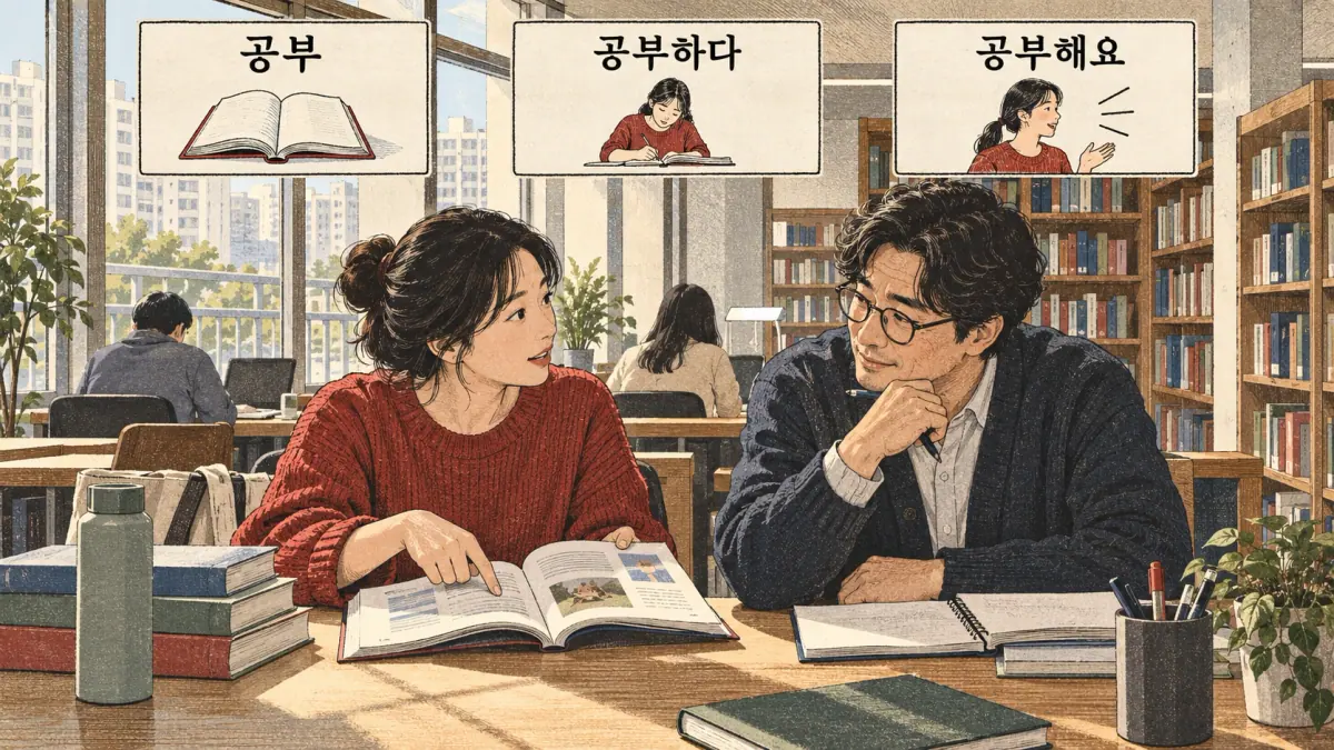 Dibujos con etiquetas coreanas: 공부 / 공부하다 / 공부해요