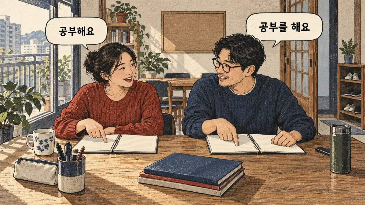 Dibujos con etiquetas coreanas: 공부해요 / 공부를 해요