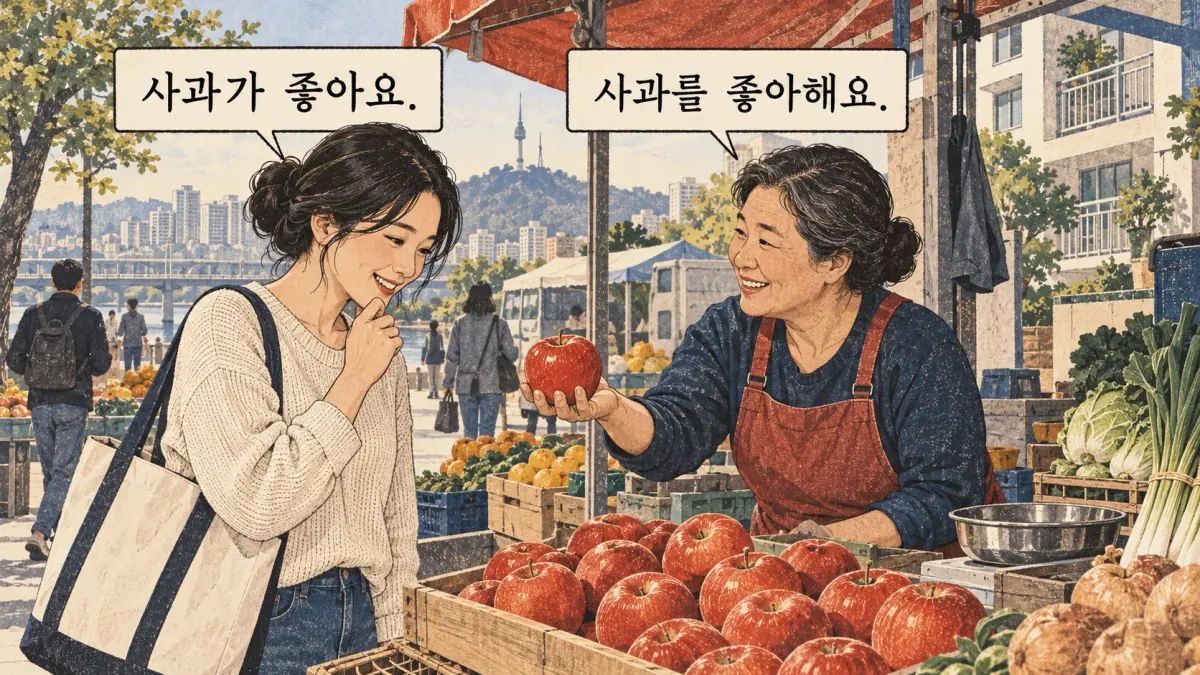 Dibujos con etiquetas coreanas: 사과가 좋아요. / 사과를 좋아해요.