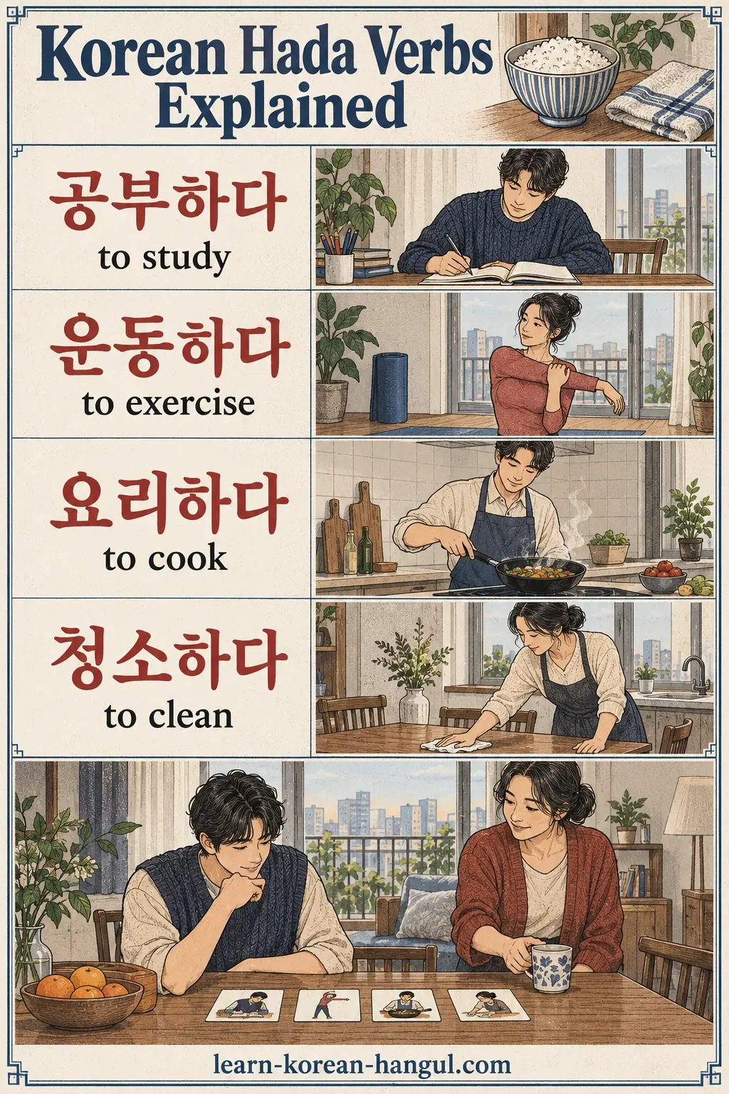 Drawings with Korean labels: 공부하다 / 운동하다 / 요리하다 / 청소하다