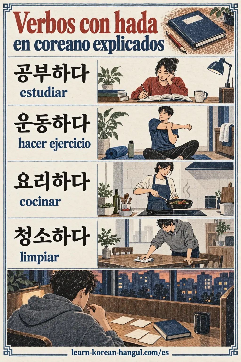 Dibujos con etiquetas coreanas: 공부하다 / 운동하다 / 요리하다 / 청소하다