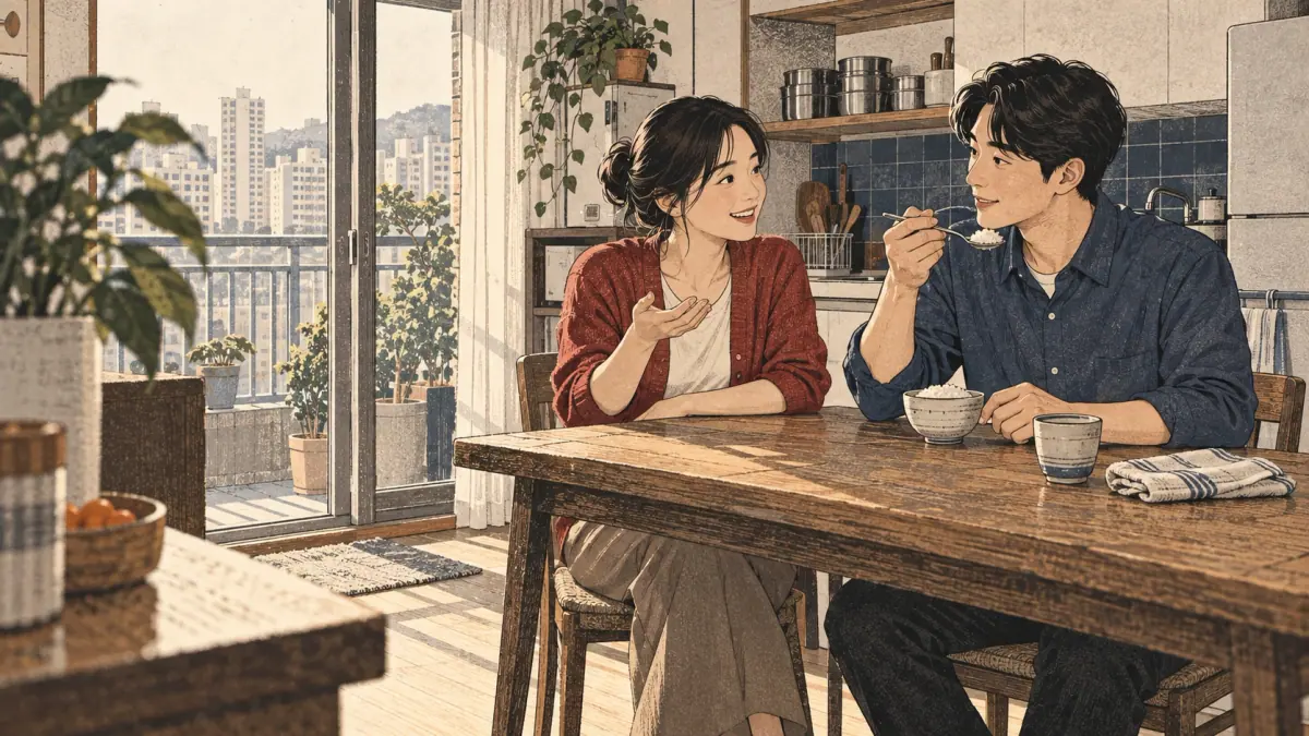 Adults practicing Korean through an everyday Seoul interaction.