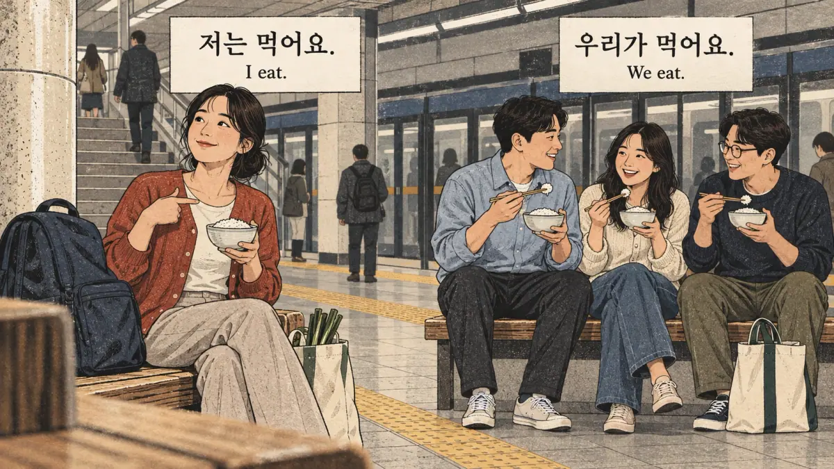 Everyday Korea scenes labelled 저는 먹어요. / 우리가 먹어요.