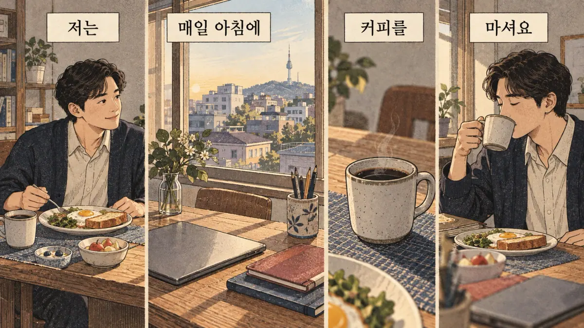 Everyday Korea scenes labelled 저는 / 매일 아침에 / 커피를 / 마셔요