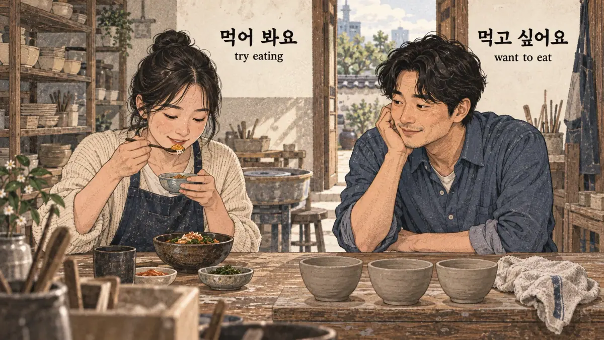 Everyday Korea scenes labelled 먹어 봐요 / 먹고 싶어요
