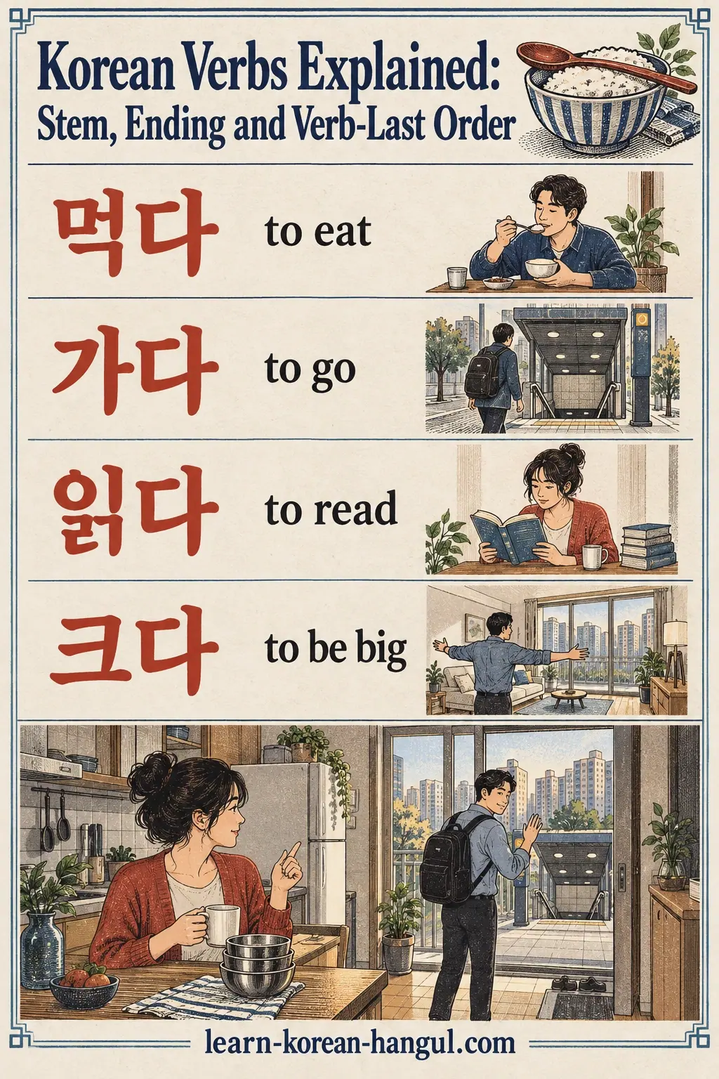 Everyday Korea scenes labelled 먹다 / 가다 / 읽다 / 크다