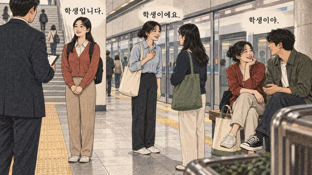 Everyday Korea scenes labelled 학생입니다. / 학생이에요. / 학생이야.