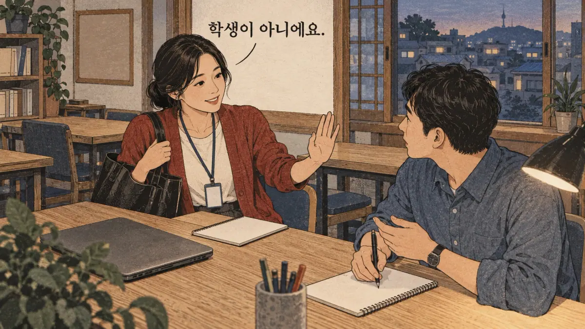 Everyday Korea scenes labelled 학생이 아니에요.