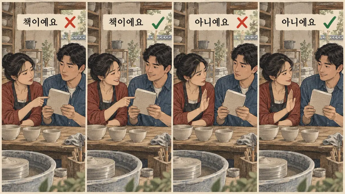 Everyday Korea scenes labelled 책이예요 / 책이에요 / 아니예요 / 아니에요