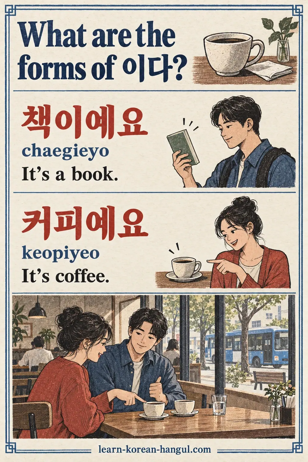 Everyday Korea scenes labelled 책이에요 / 커피예요