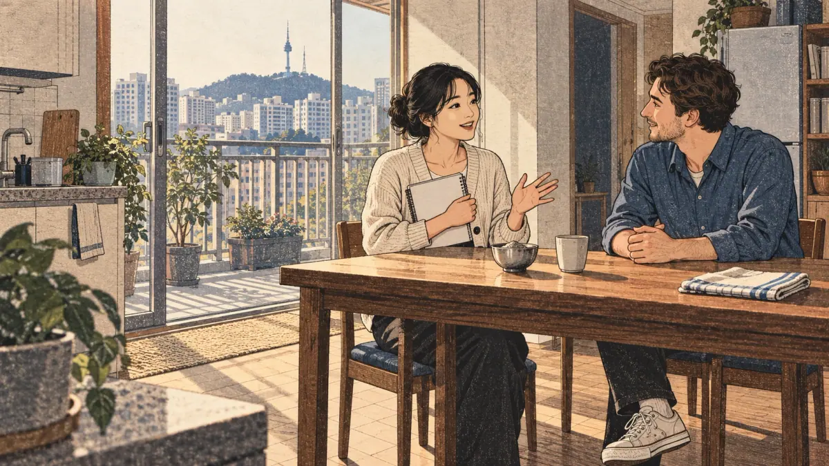Adults practicing Korean through an everyday Seoul interaction.